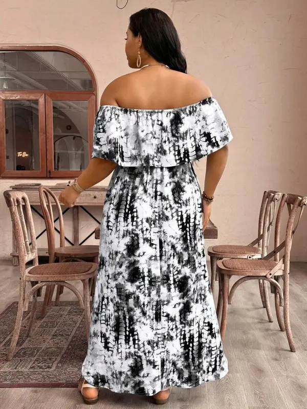 【Plus Size】 All Over Tie Dye Print Off Shoulder Dress, Casual Bohemian Fashion Long Dress for Daily Holiday Vacation Wear, Women Plus Clothing for Summer, Womenswear, Summer Clothes Women 1