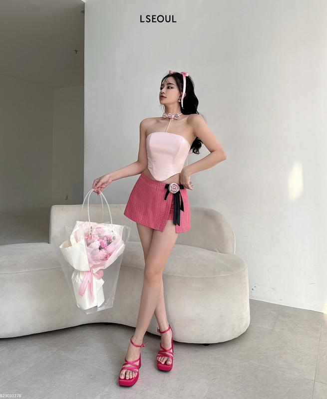 LSOUL - Rose Set  Áo Corset Cup Ngực + Chân Váy Hồng Vải Tweed Tiểu Thư Nữ Tính Women