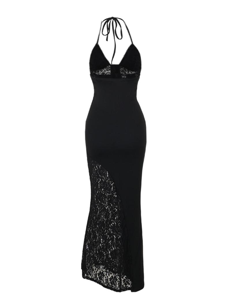 Product Introduction of Women's Plain Floral Lace Backless Halter Dress, Elegant Sheer Sleeveless Dress for Party Club Dating Wear, Ladies Summer Clothes 9