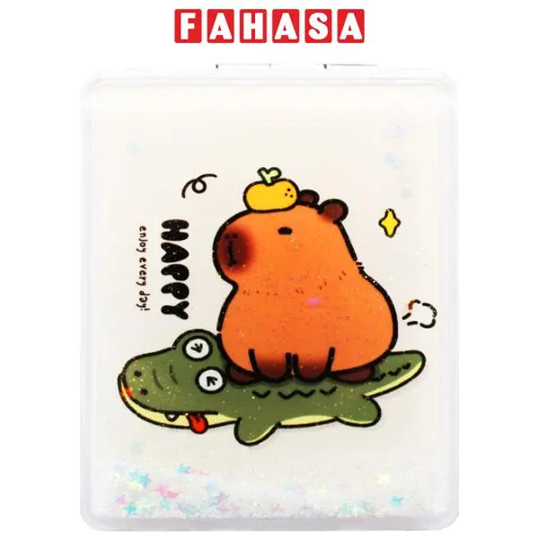 Gương Chữ Nhật Cầm Tay 2 Mặt Nhũ Kim Tuyến Hình Capybara - WanLongDa ZT185-2465H1 - Màu Kem