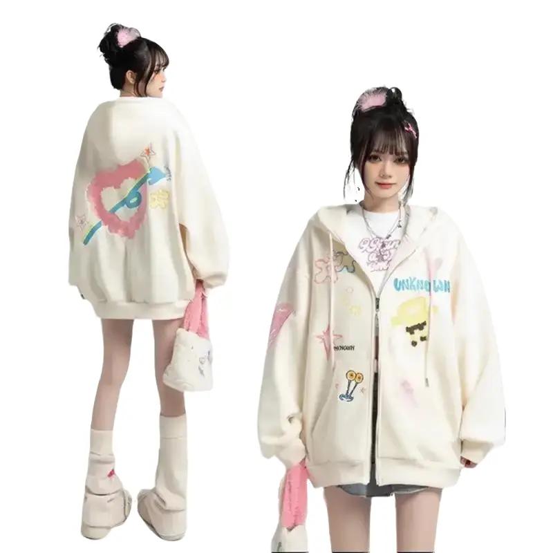 Áo Khoác Nỉ Thun Tay Dài In Họa Tiết Tim Toàn Thân - Áo Hoodie Có Dây Kéo Nón 2 Lớp Kiểu Rộng Unisex Nam Nữ - Top Kem Đen Jacket Women Thu Đông Chống Nắng hoodie namnu