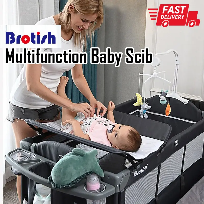 [Ready Stock] Brotish Baby Bedside Crib Foldable Bed with Mosquito Netting Diaper Changing Table Mattress