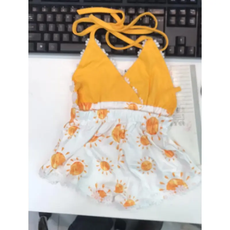 Newborn Casual Style Romper, Baby Girl Sleeveless Sun Print V-neck Playsuit with Decorative Flower Yellow 5