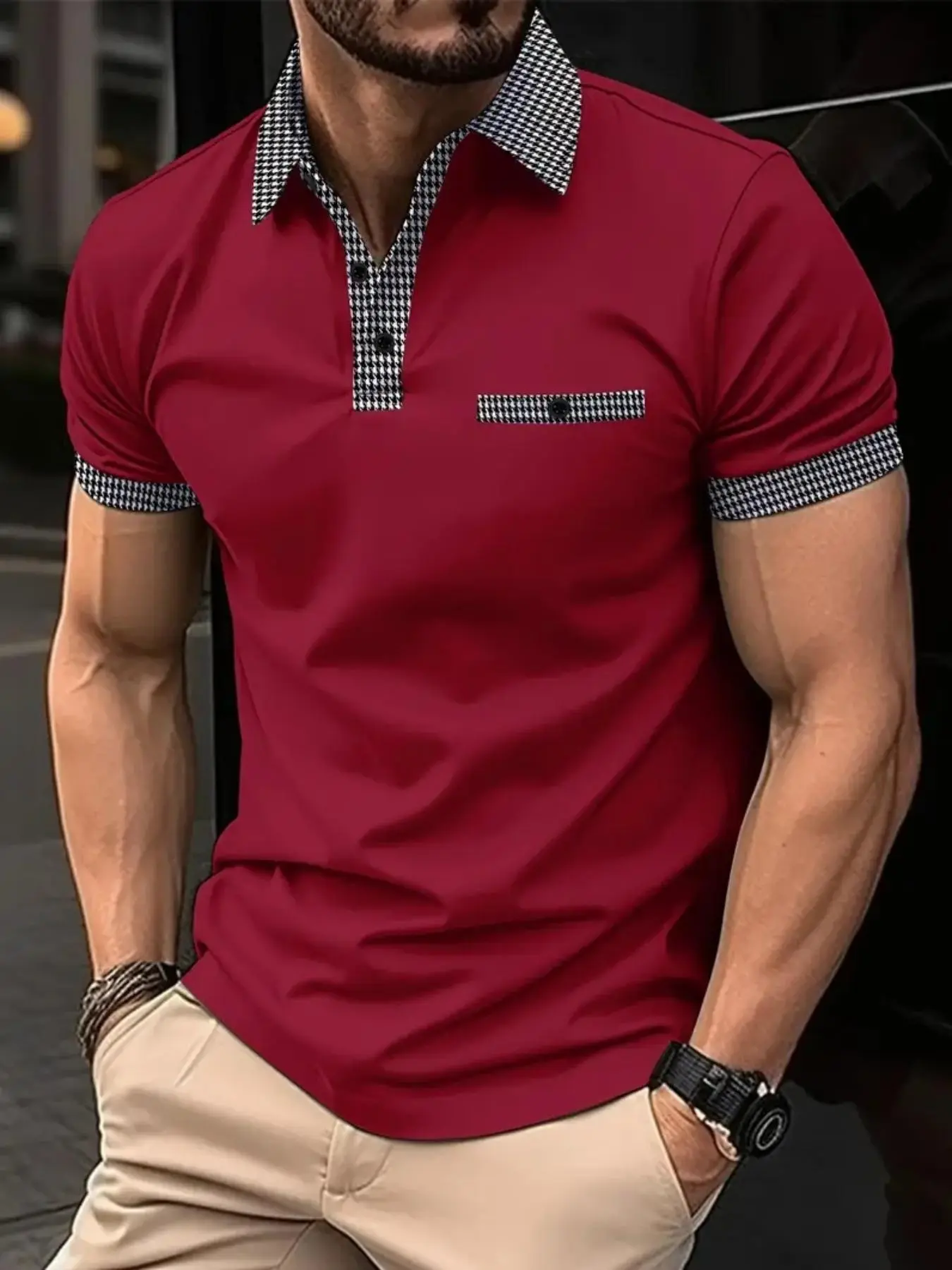 Men's Houndstooth Print Contrast Binding Polo Shirt, Regular Fit Casual Short Sleeve Button Front Top for Summer, Men's Clothes for Daily Wear