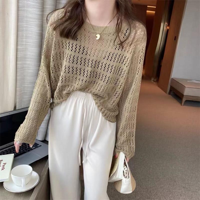 Product Introduction of 🔥Top fashion hollow out knits trendy women new loose slimming outside wear thin ruffles long sleeve shirt trendy top for women Womenswear Knitwear 16