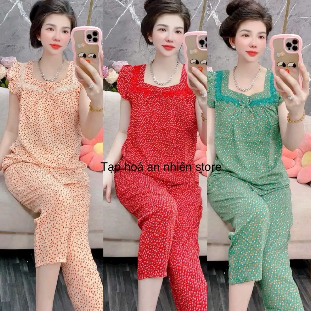 T70A (40-58KG) Đồ bộ quần dài 9 tấc nữ CÓ TÚI lụa phối ren in hoa ngẫu nhiên Áo Top Đỏ Nhung Women