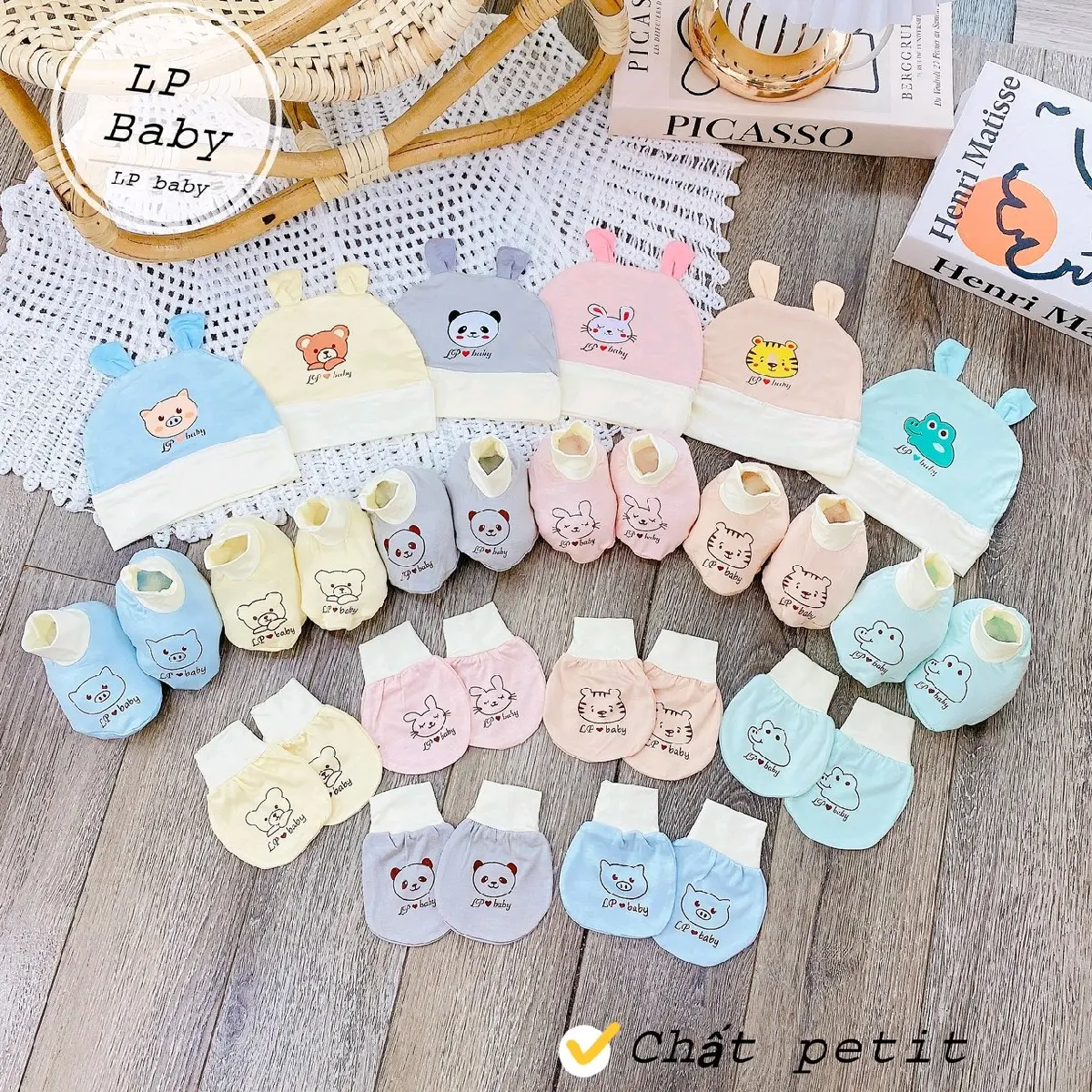combo 5 bộ gồm mũ bao tay bao chân thun petti cho bé