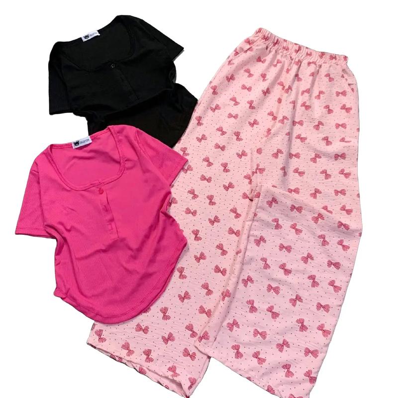  có bigsize . s72 set bộ áo cổ vuông nút tay ngắn + quần đũi caro in. full nơ Nữ Thun Women Nhung Top 