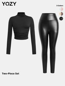 YOZY Two-Piece Set Women's Plain High Neck Ruched Tee & PU Leather Skinny Pants, Long Sleeve Top & Leggings, Casual Fall Clothes for Daily Wear, Travel
