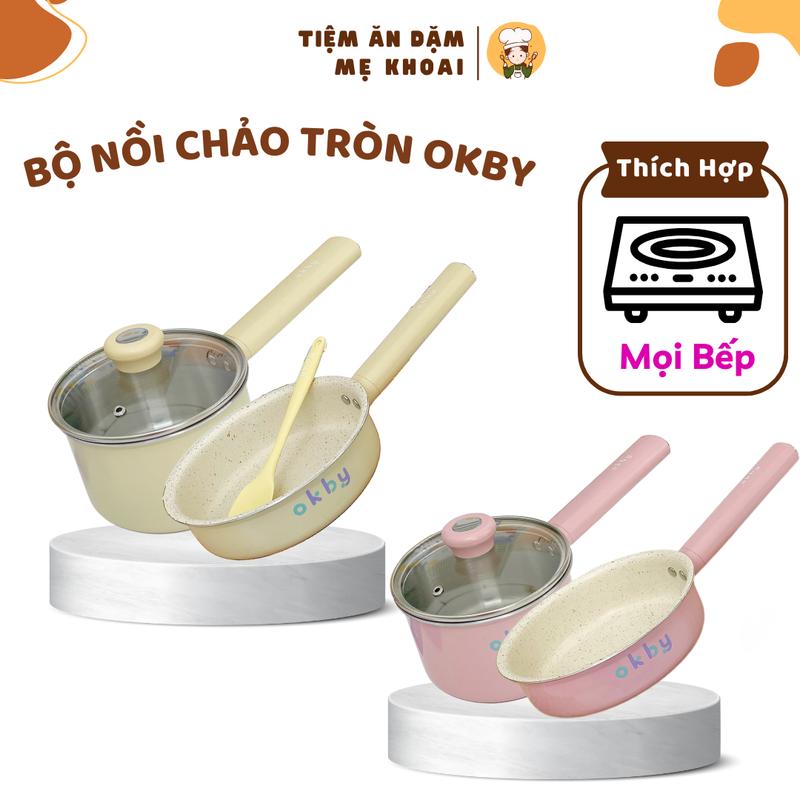 Bộ nồi chảo tròn chống dính Okby 14/16cm, bắt từ nhanh, dùng chế biến đồ ăn, nấu cháo cho bé