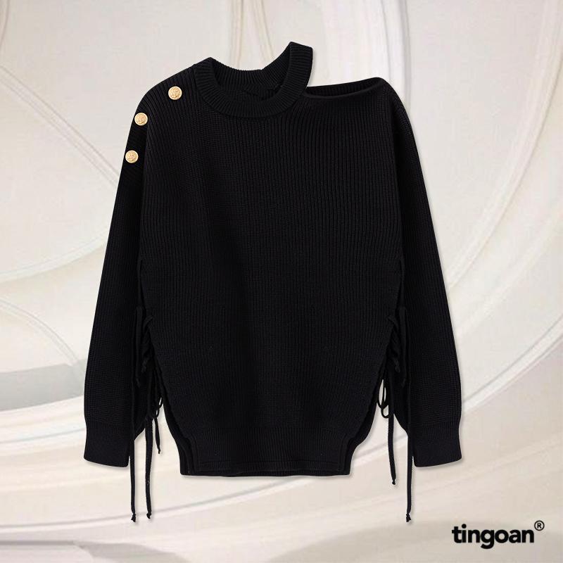 TINGOAN - Áo len trễ vai một bên sẻ vạt buộc dây đen AFTER YOU SWEATER/BL