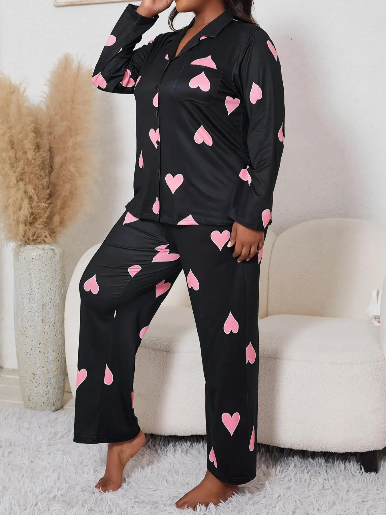 【Plus Size】 Two-piece Set All Over Print Print Pocket Button Front Blouse & Pants Pyjama, Casual Comfy Drop Shoulder Long Sleeve Top & Trousers Pj Set, Women's Sleepwear for Spring & Fall