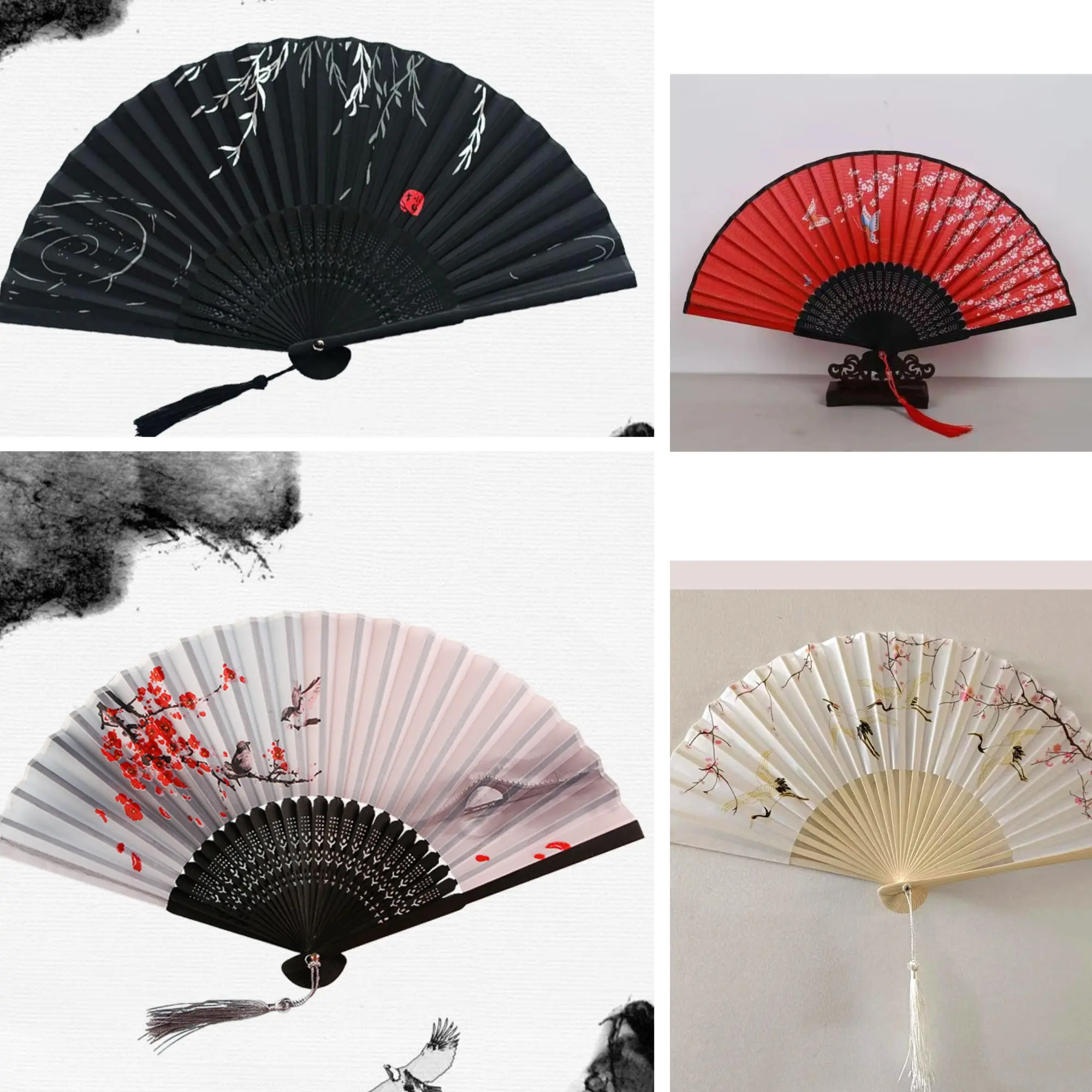 (Sỉ) Quạt Cổ Trang Loại I Trung Quốc Xếp Cầm Tay Bằng Vải Lụa Thân Gỗ Xòe 38Cm Decor Quạt