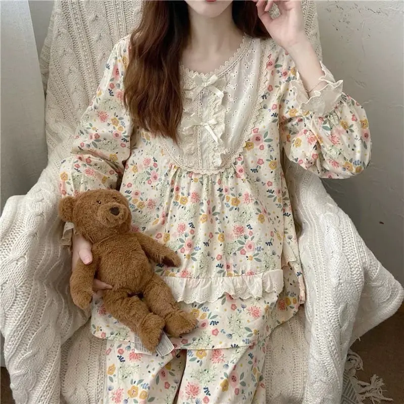 Bộ ngủ hoa nhí viền ren xinh xắn áo dài quần dài   Bộ ngủ Hương Thảo