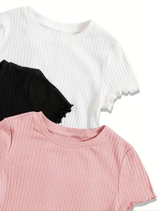 Women's Solid Lettuce Trim Round Neck Ribbed Tee, Casual Short Sleeve Crew Neck T-shirt for Summer, Fashion Women's Top for Daily Wear 7