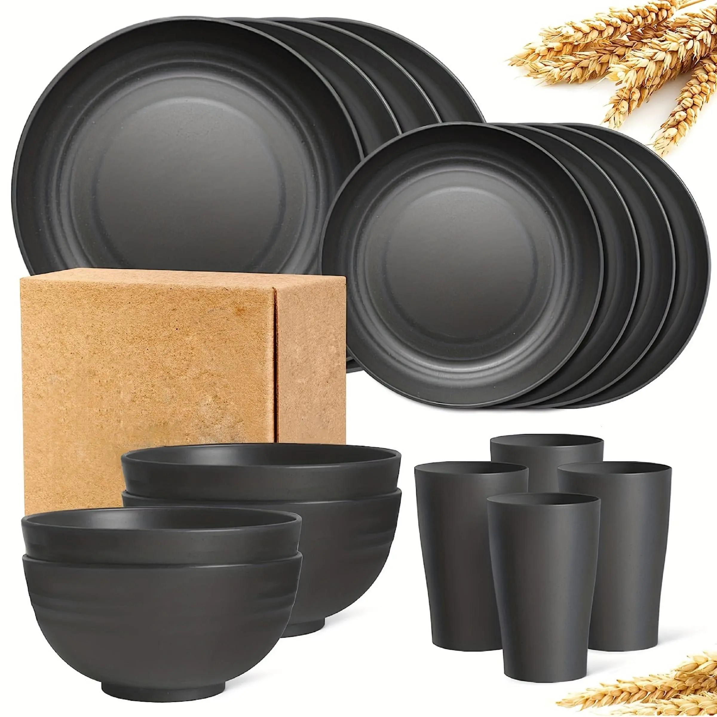 Durable Wheat Straw Dinnerware Set, 16pcs/set Including Bowl & Food Plate & Cup, Reusable Tableware Set for Home Kitchen Dining Room