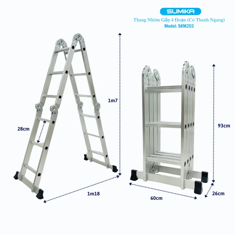 Thang nhôm gấp 4 đoạn SUMIKA SKM203, chữ A cao 1.7m, chữ I cao 3.4m, 14 tư thế sử dụng 3