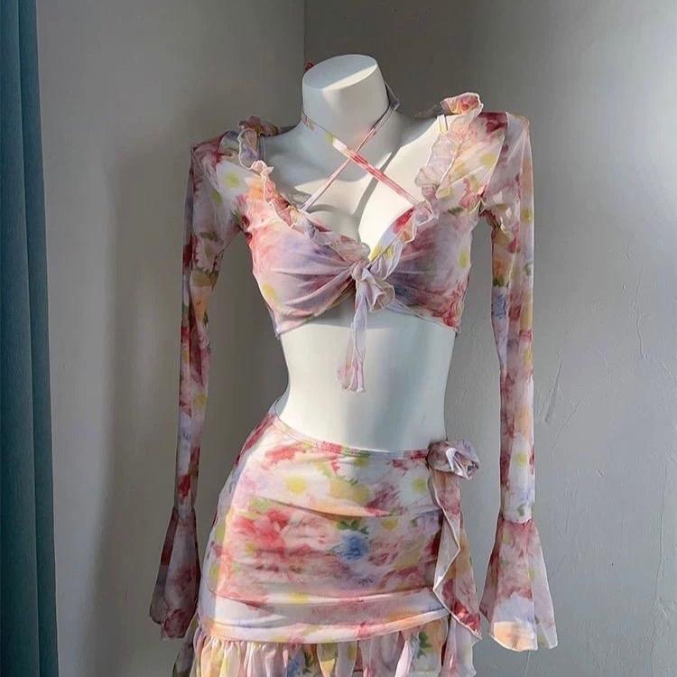 Đồ Bơi 4 Món Hoa Hồng EMMA Đính Hoa Phối Bèo Gồm Áo Bikini + Quần Chip + Áo Bèo + Váy Bèo 5