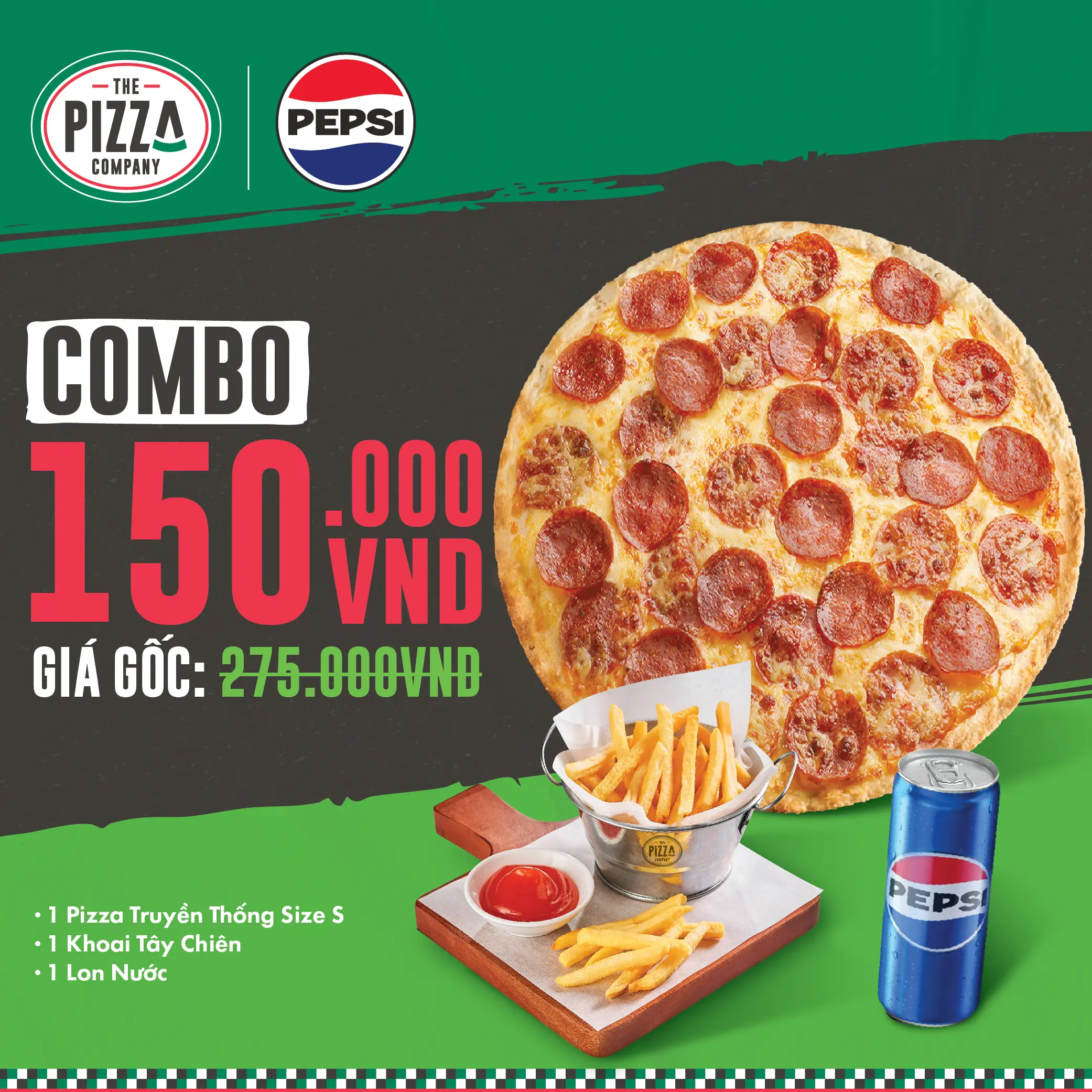 Combo Pizza S - Truyền Thống - (1-2người) - 1 Pizza Truyền Thống size S + 1 Khoai Tây Chiên + 1 lon Pepsi - The Pizza Company - (Giao nhanh 1H)