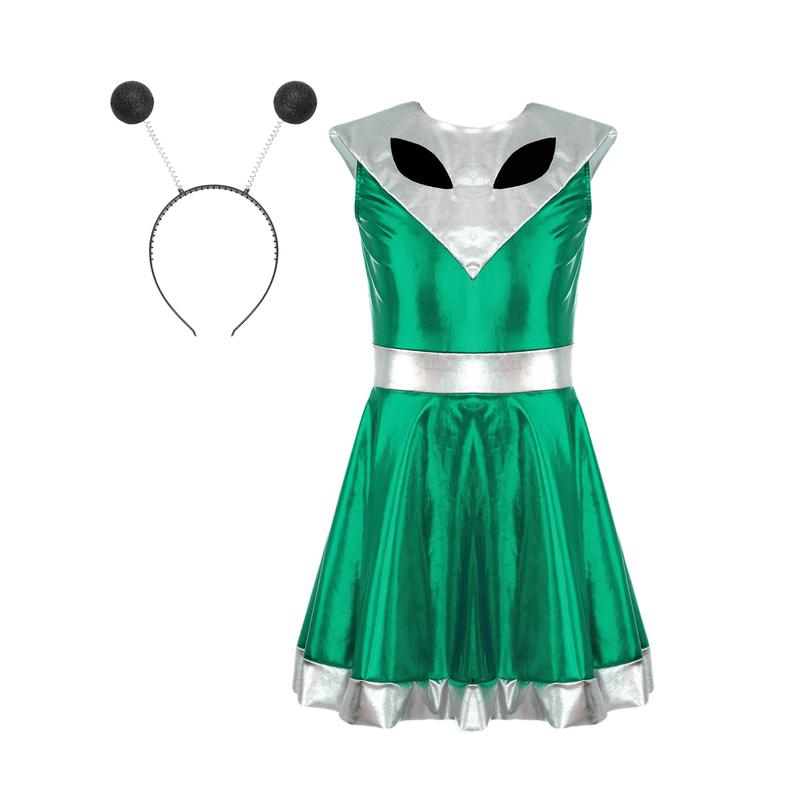 TiaoBug 2Pcs Girls Alien Space Outfit Metallic Sleeveless Dance Dress Astronauts Cosplay Costume 7