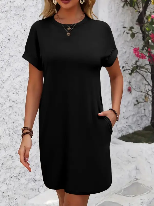 Women's Plain Curved Hem Raglan Sleeve Tee Dress, Casual Short Sleeve Round Neck Dress for Spring & Fall, Ladies Clothes for Daily Wear 6