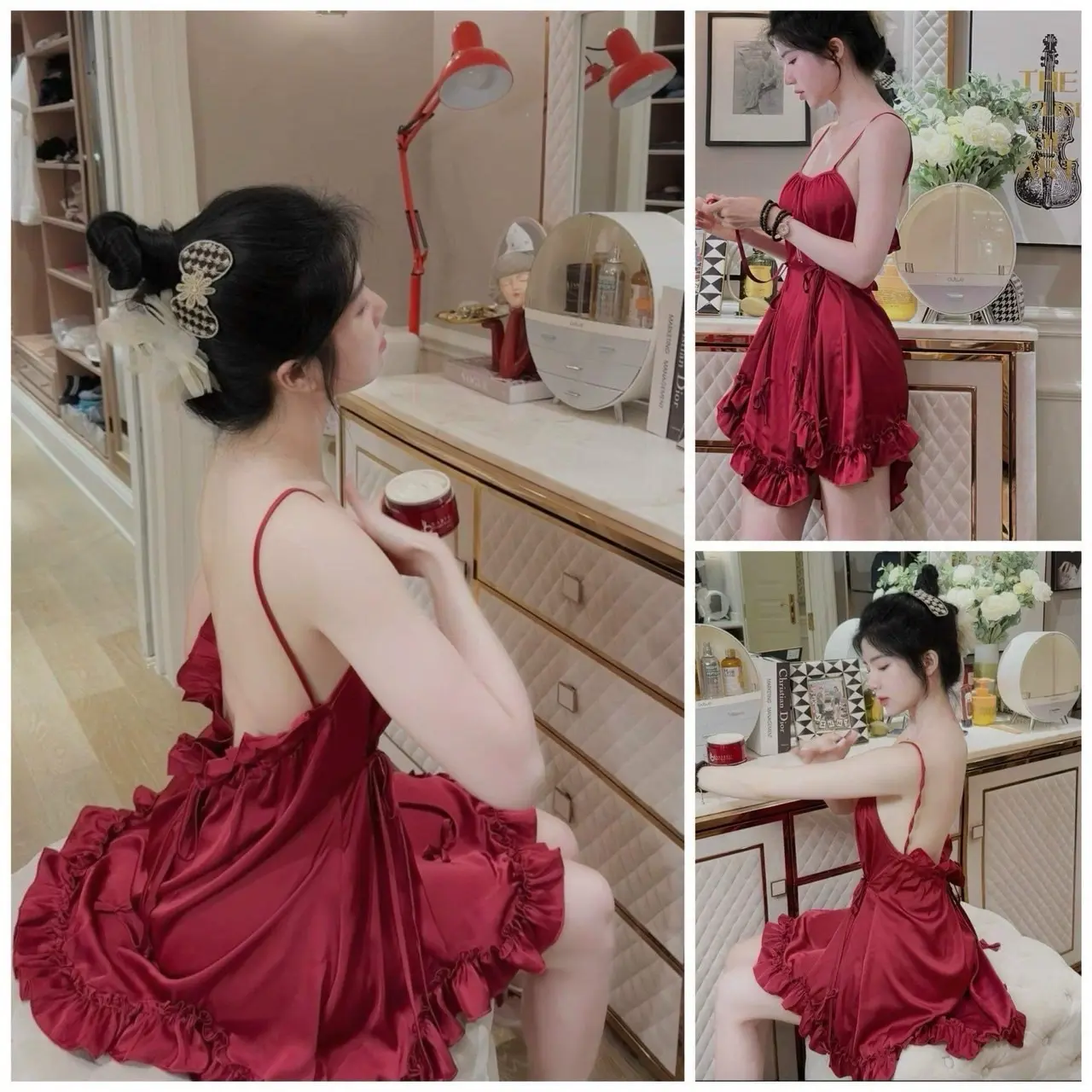 Váy Đầm Ngủ 2 Dây Lụa Latin Mặc Nhà Gợi Cảm Quyến Rũ Free Size 40-56kg Nữ Women Nữ Women Dress