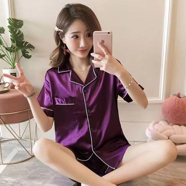 Đồ Ngủ Phong Cách Hàn Quốc, Bộ Đồ Ngủ Hai Mảnh ngắn Tay Bằng Lụa Lạnh Mùa Hè Cho Nữ, Chất Liệu Lụa Nhân Tạo, Thích Hợp Cho Học Sinh, Bộ Đồ Mặc Bên Ngoài Mỏng, Đồ Mặc Nhà 3