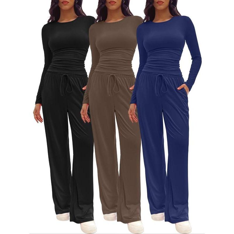 Two-piece Set Women's Solid Ruched Tee & Drawstring Pocket Pants Lounge Set, Casual Long Sleeve T-shirt & Elastic Waist Trousers, Pyjamas for Women, Ladies Sleepwear for All Seasons,  Lounge Tracksuit Women 2