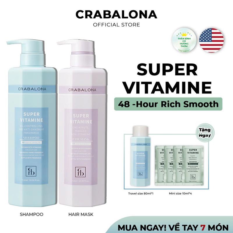 Combo Dầu Gội + Kem Ủ Xả CRABALONA Super Vitamine - Trị Gàu Kiềm Dầu, Mái Tóc Bồng Bềnh Óng Ả (710ml/Chai)