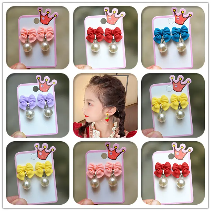 New Children's Ear Clip Non-Pierced Cartoon Korean Bow Pearl Earrings Girls Jewelry