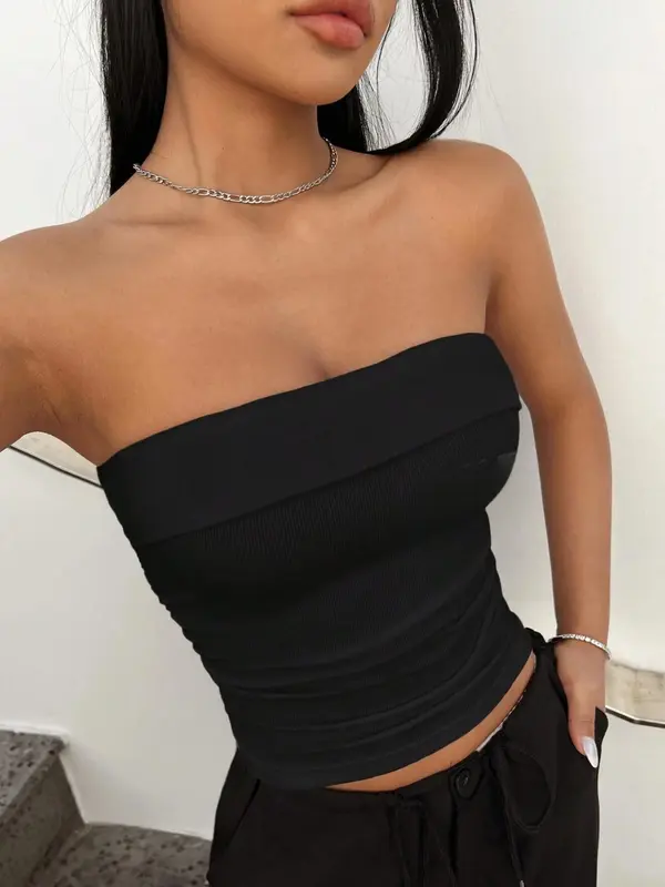 Women's Solid Backless Tube Top, Casual Strapless Ribbed Top, Ladies Summer Clothes for Daily Wear 5