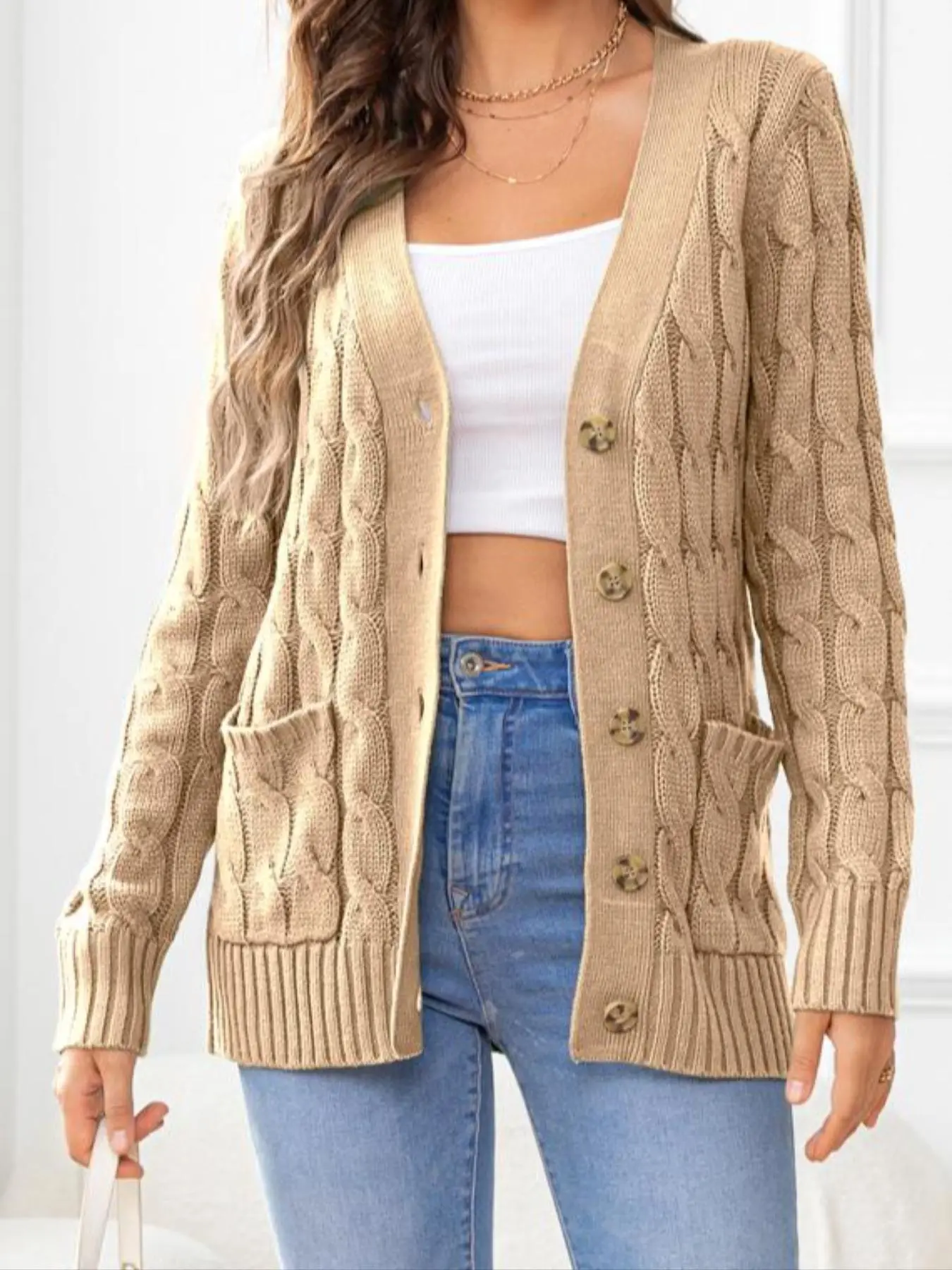 Women's Plain Textured Button Front Pocket Cardigan, Casual Long Sleeve V Neck Knitwear for Fall & Winter, Fashion Ladies' Knit Clothing for Daily Wear