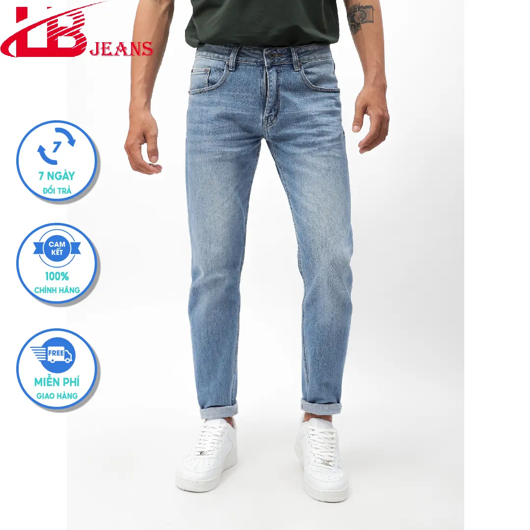 Quần Jean Nam Xanh Trơn, Form Slim Crop , Vải Denim , Dày Dặn , Thỏa Mái