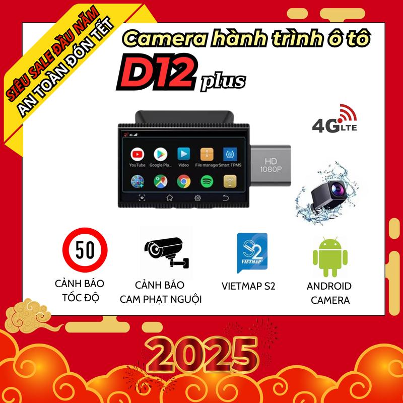 Camera hành trình D12plus 4G Cảnh báo tốc độ, ghi hình trước sau, full ứng dụng android xem video, nghe nhạc online 4G camera cam hanh trinh oto