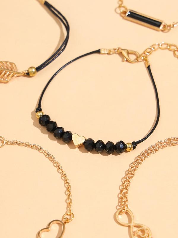 5pcs/Set Simple Beaded Heart Leaf Design Bracelet, Geometric Rectangle Hollow Bow Alloy Link Bracelet, Jewelry Gifts for Women Girls 2