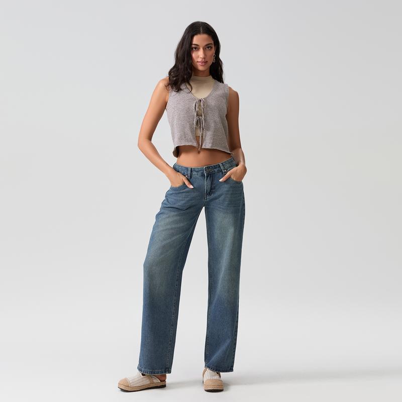 Product Introduction of Women Casual Low Rise Jeans Fashion Loose Straight Leg Denim Pants with Pockets for Summer Spring 43