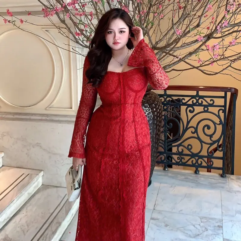 D161 Đầm ren cúp ngực dáng dài 2
