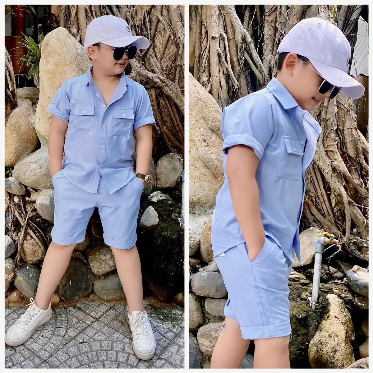 Set silk công tử xanh lá và xanh biển chi bé 10-52kg TONIBRAND