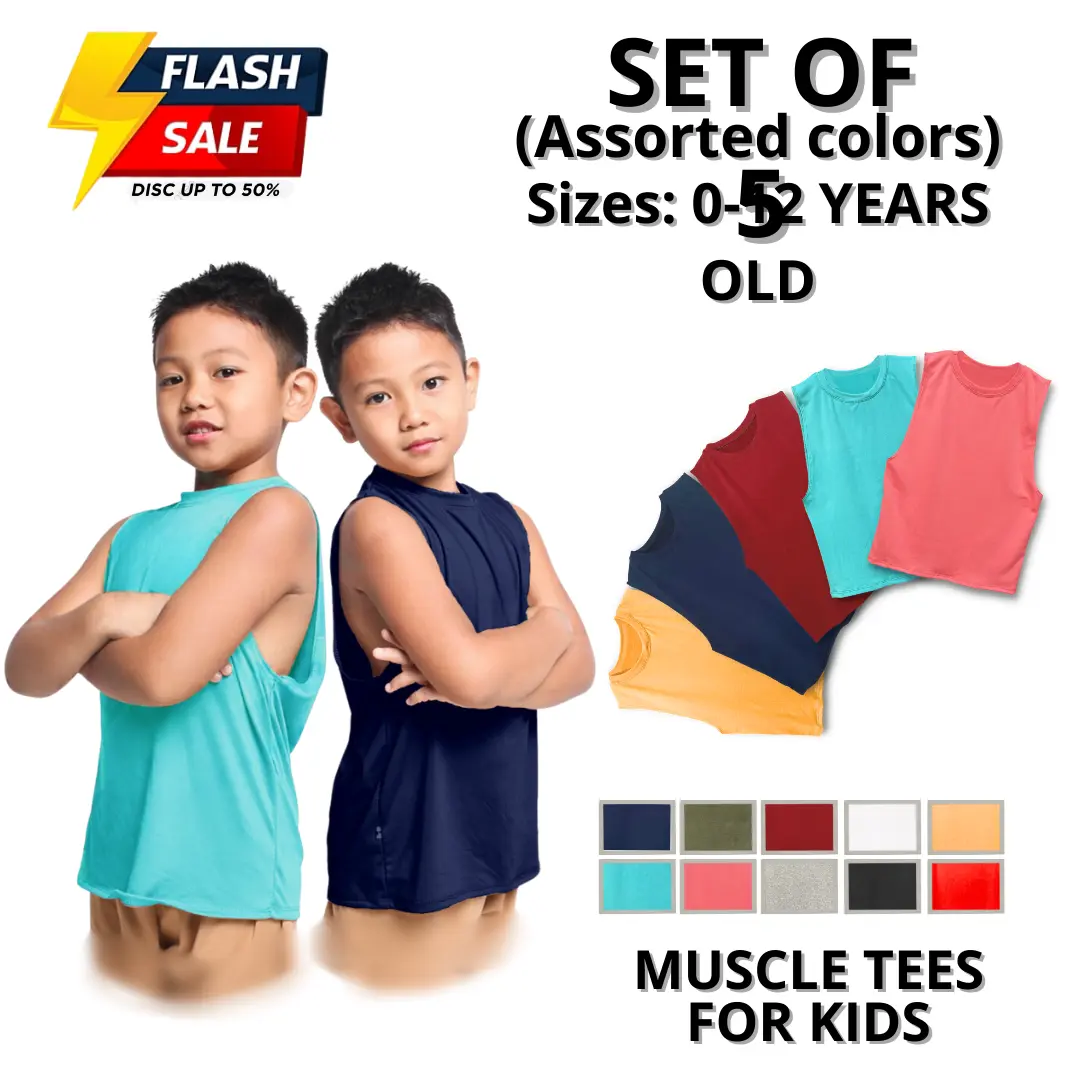 SET OF 5 Plain Muscle Tees for Kids. For Boys And Girls, Unisex. For 0-12 Years Old. XS-XXL. Comfortable Tank Tops. Premium Cotton Spandex. Sando. Assorted Colors. 10 Colors Available. Casual and Basic Wear. For all Seasons. Sleeveless. Pambahay Kids Wear