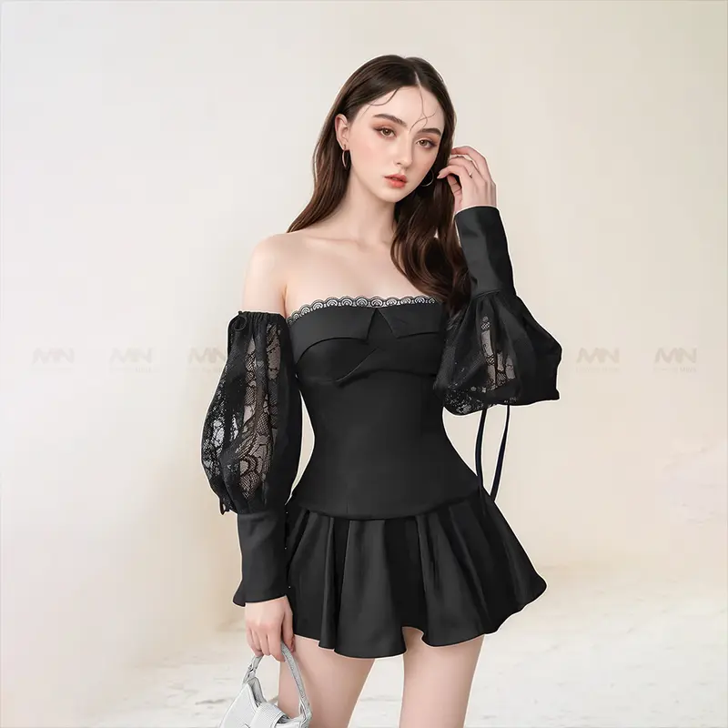 Set váy trễ vai ( 2 món) MINA thiết kế dáng xoè mini màu đen chất liệu Cotton phối Ren dự tiệc - MN297 Women Dress Nữ 1