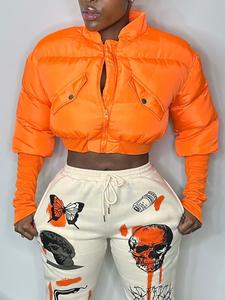 Women's Solid Flap Detail Zip Up Crop Winter Coat, Casual Street Long Sleeve Stand Collar Thermal Outerwear for Fall & Winter, Women's Clothes for Daily Wear