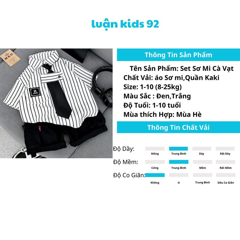 Bộ Cộc Sơ Mi Cà Vạt áo kèm quần màu trắng và Đen Cho Bé Trai Từ 8-25kg[Luankids92]