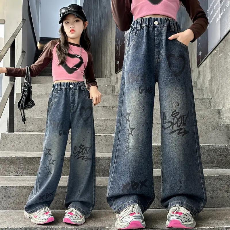 Quần bò JEANS ống xuông mẫu thêu sao cho bé gái từ 20-50kg