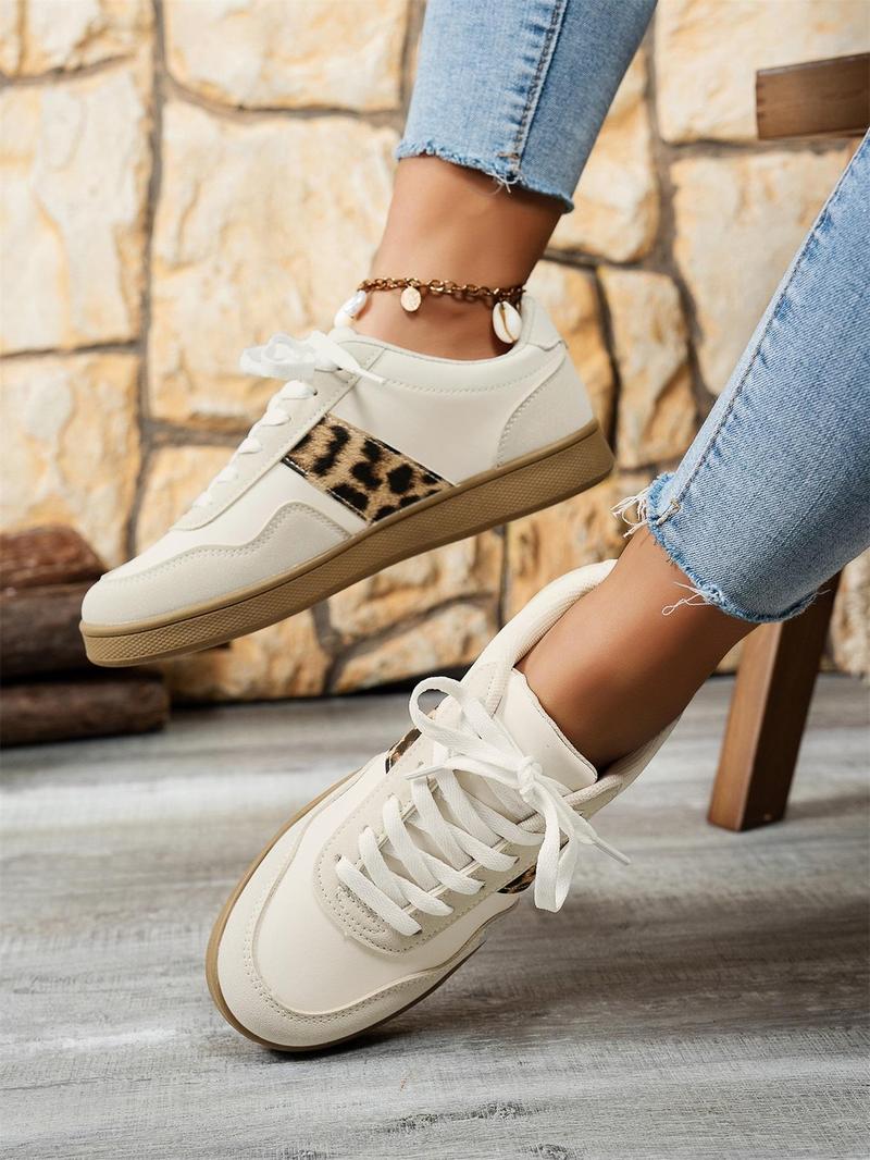 Product Introduction of Women's Fashion Leopard Patchwork Print Lace Up Low Top Sneakers, Casual Comfortable Sports Running Shoes, Female All-match Round Toe Shoes for Daily Wear 17