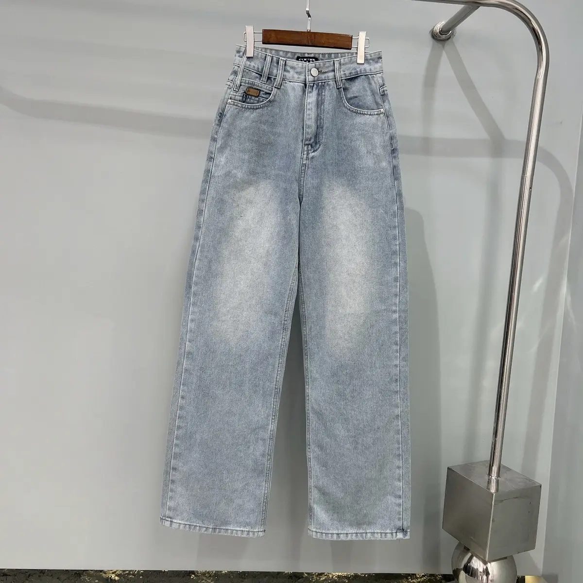 (Dài 104cm)Quần jeans nữ ống suông vải Qc phối đĩa da kiểu Q1389 Women wide  leg  jean