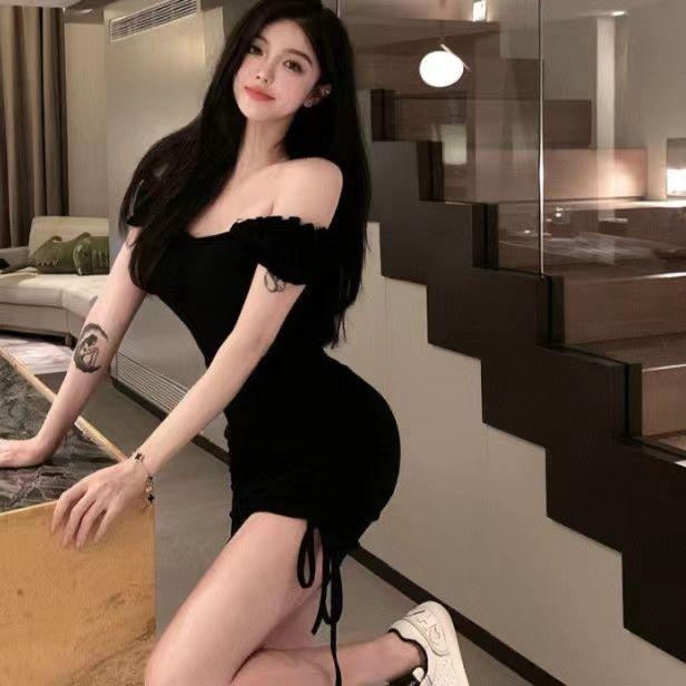 Product Introduction of Off-Shoulder Puff Sleeve Dress for Women, New Drawstring Design, Unique Style, Pink Strap Dress with Chic Girl's Temperament 2