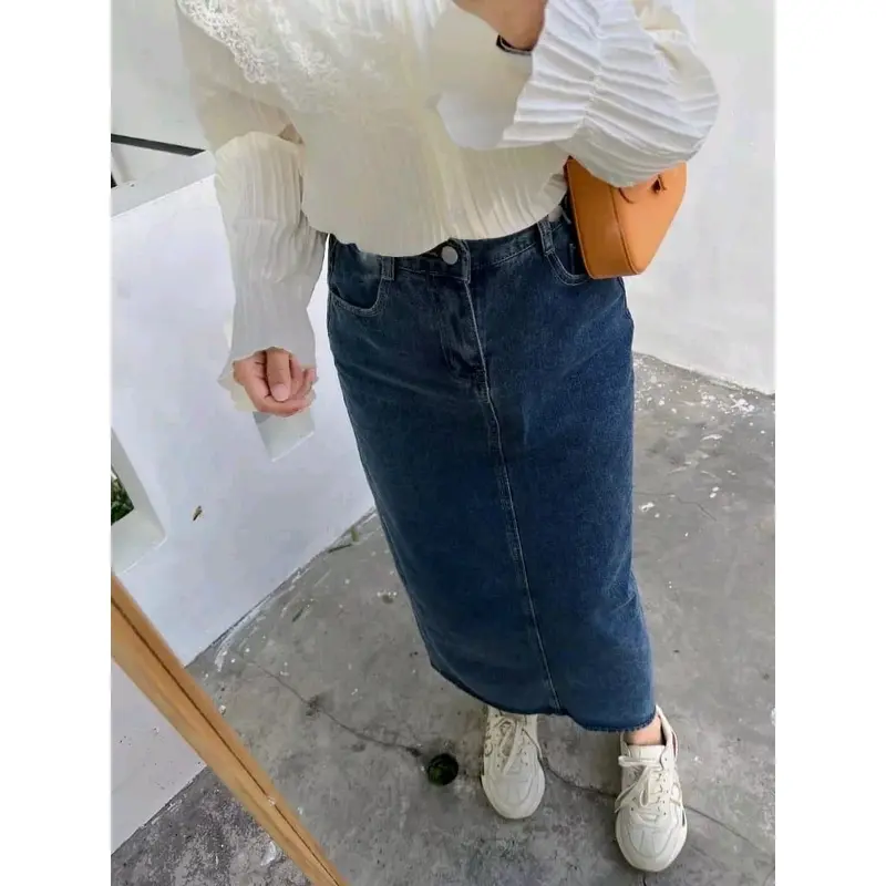 rok jeans theana /rok jeans korean style/rok jeans panjang wanita Slim-fitting Kancing Karet 5