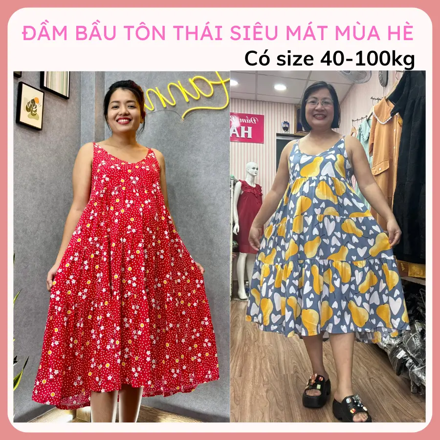 Váy bầu mặc ở nhà mùa hè siêu mát tôn thái 2 da bigsize từ 40-100kg dài qua gối babydoll thoáng mát thấm mồ hôi tốt