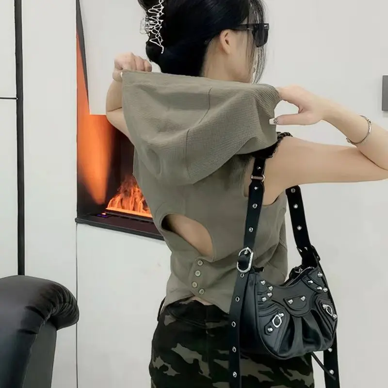 Áo Vest Không Tay Thiết Kế Lưng Cá Tính, Cô Gái Nóng Bỏng Có Mũ Trùm Đầu, Dáng Ôm, Áo Dễ Phối Đồ Hàng Mới Về 2024