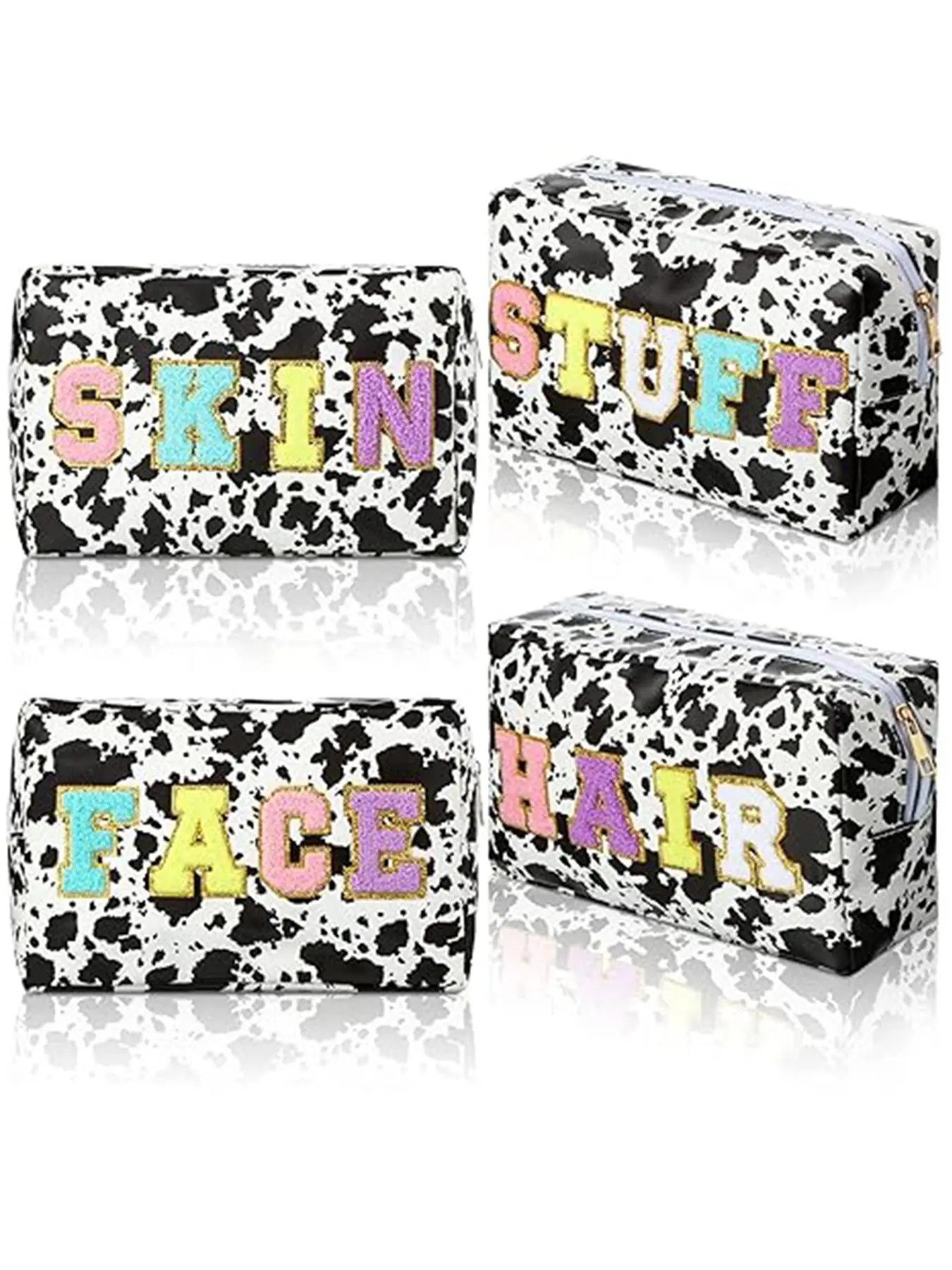 Letter Patched Cow Pattern Makeup Bag, Fashionable Cosmetic Bag, Zipper Makeup Organizer Pouch, Versatile Storage Bag for Travel & Daily Use